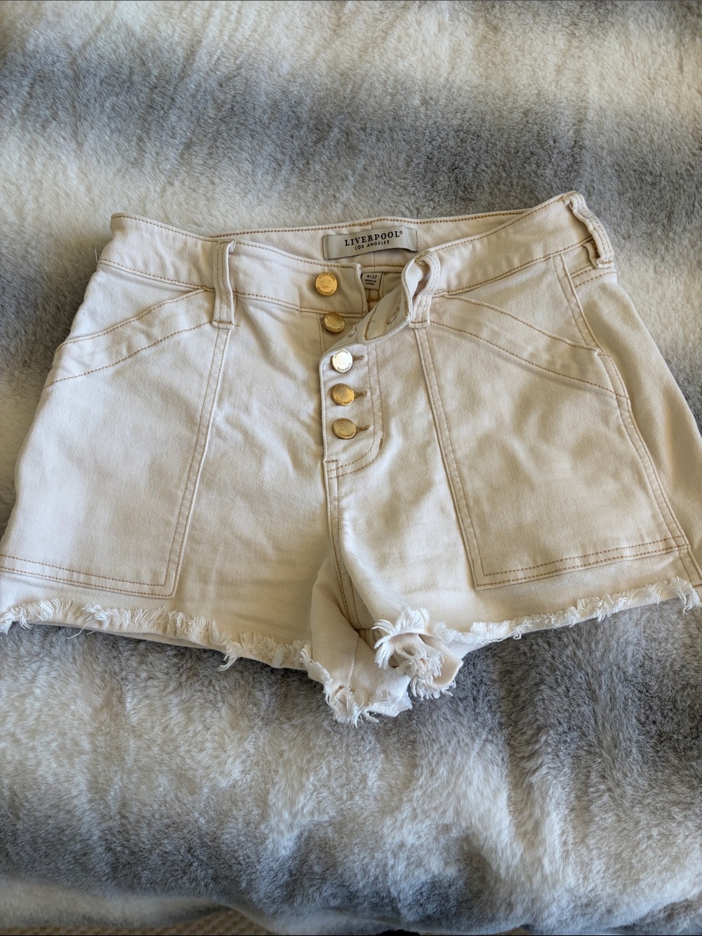 Liverpool Cream High-Rise Denim Shorts with Gold Buttons